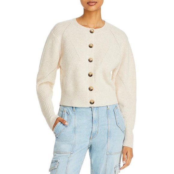 AQUA Cashmere Novelty Rib Cashmere Cardigan - NWT - Medium - Oatmeal - Picture 1 of 3